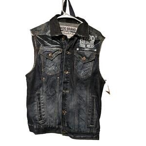 Akoo Brand Mens Denim Vest Distressed Dark Blue Medium "The Weak Shall Be Eaten"